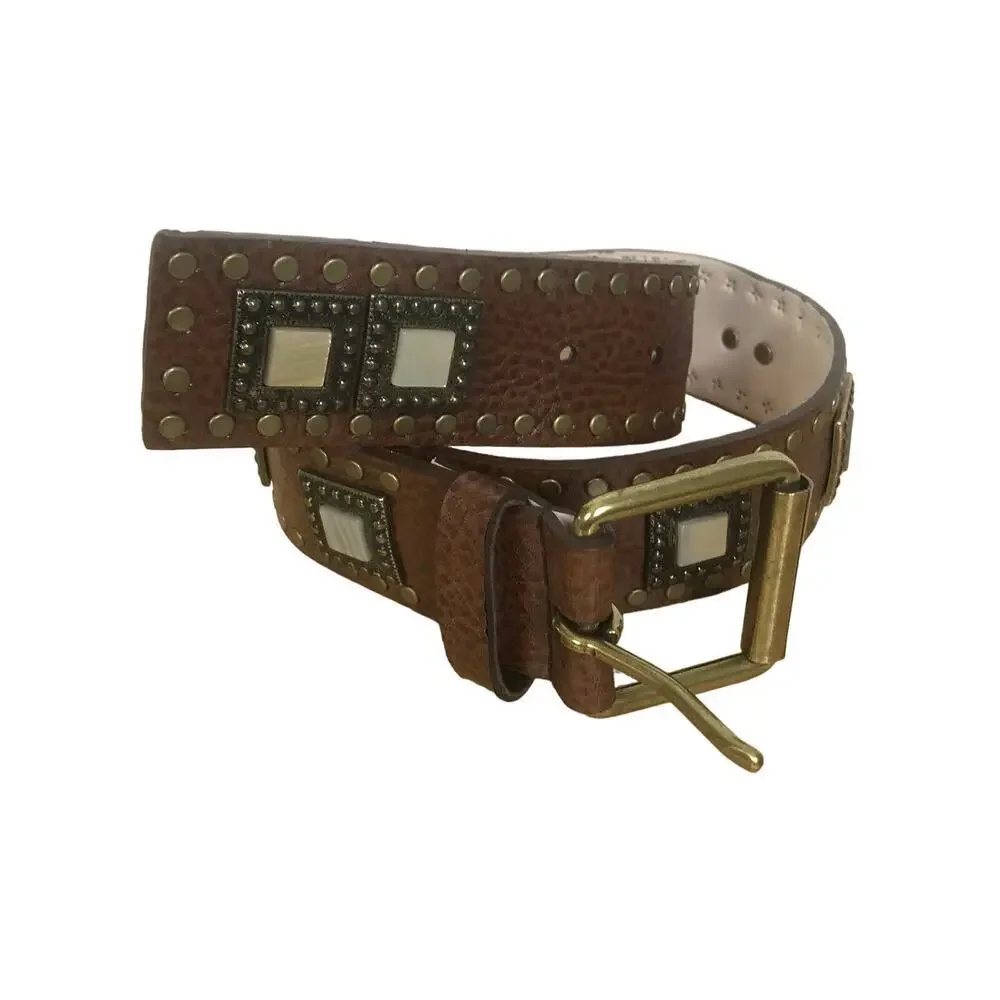 Unknown Leather Belt SZ S Studded with‎ Metal and Stone Detailing
